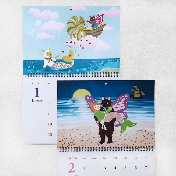 2026魔法の猫カレンダー｜マーメイド猫＆妖精猫｜A3壁掛け・月めくり（ユニコーン特典付） 4枚目の画像