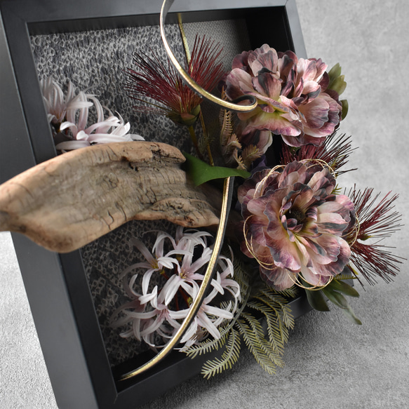 【和モダン 2WAY フラワーフレーム】「静謐」｜水引×流木×着物リメイク｜開店祝い・贈り物 7枚目の画像