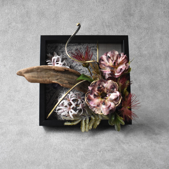 【和モダン 2WAY フラワーフレーム】「静謐」｜水引×流木×着物リメイク｜開店祝い・贈り物 3枚目の画像