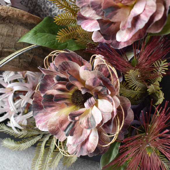 【和モダン 2WAY フラワーフレーム】「静謐」｜水引×流木×着物リメイク｜開店祝い・贈り物 2枚目の画像