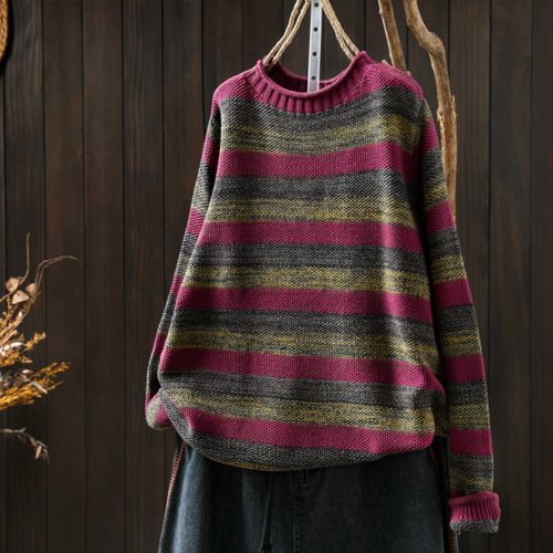 受作｜綿 ストライプセーター ふんわり 柔らかい ニット カジュアル