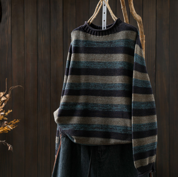 受作｜綿 ストライプセーター ふんわり 柔らかい ニット カジュアル