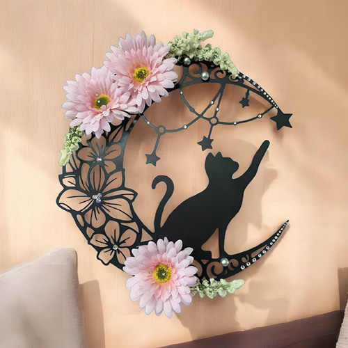 花咲く月の猫リース 壁掛け リース フラワー 花 ガーベラ 黒猫 猫 ネコ