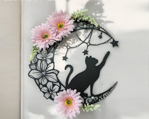花咲く月の猫リース 壁掛け リース フラワー 花 ガーベラ 黒猫 猫 ネコ