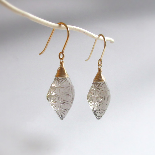 高品質】21mmバックカービング「スモーキークォーツ」14kgfピアス