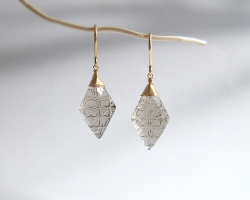 高品質】21mmバックカービング「スモーキークォーツ」14kgfピアス