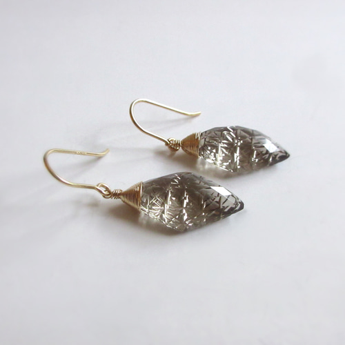 高品質】21mmバックカービング「スモーキークォーツ」14kgfピアス