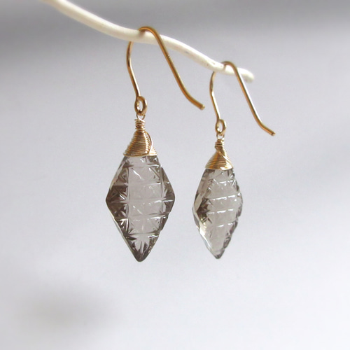 高品質】21mmバックカービング「スモーキークォーツ」14kgfピアス