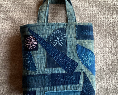 古布 藍刺し子布に 藍無地に刺し子のトートバッグ ③ トートバッグ