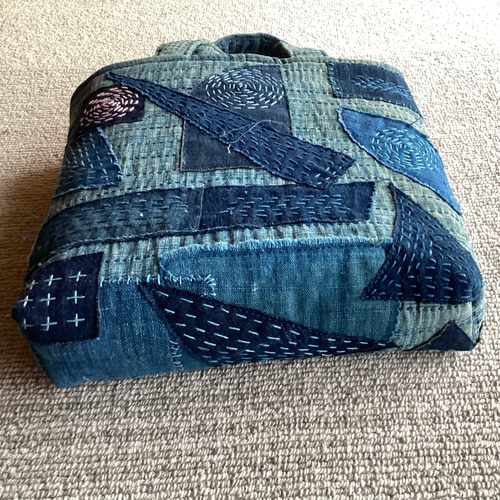 古布 藍刺し子布に 藍無地に刺し子のトートバッグ ③ トートバッグ