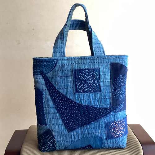 古布 藍刺し子布に 藍無地に刺し子のトートバッグ ③ トートバッグ