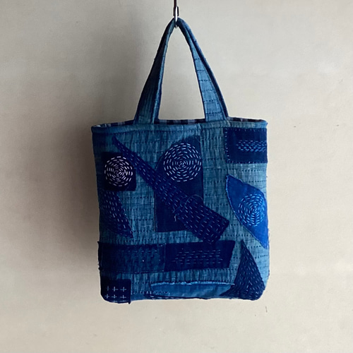 古布 藍刺し子布に 藍無地に刺し子のトートバッグ ③ トートバッグ