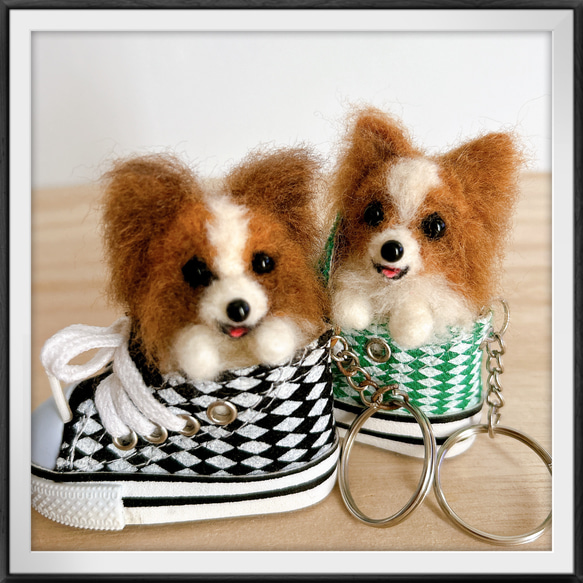 羊毛フェルト　パピヨン　犬 ハンドメイド 羊毛フェルト パピヨン スニーカー マスコット