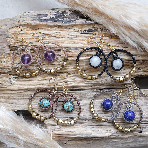 エキゾチックフープコッパーターコイズ天然石マクラメピアスmacp134エスニックアジアンアレルギーフリーピアス 8枚目の画像