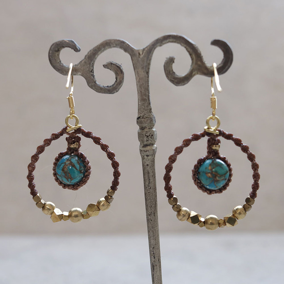 エキゾチックフープコッパーターコイズ天然石マクラメピアスmacp134エスニックアジアンアレルギーフリーピアス 4枚目の画像