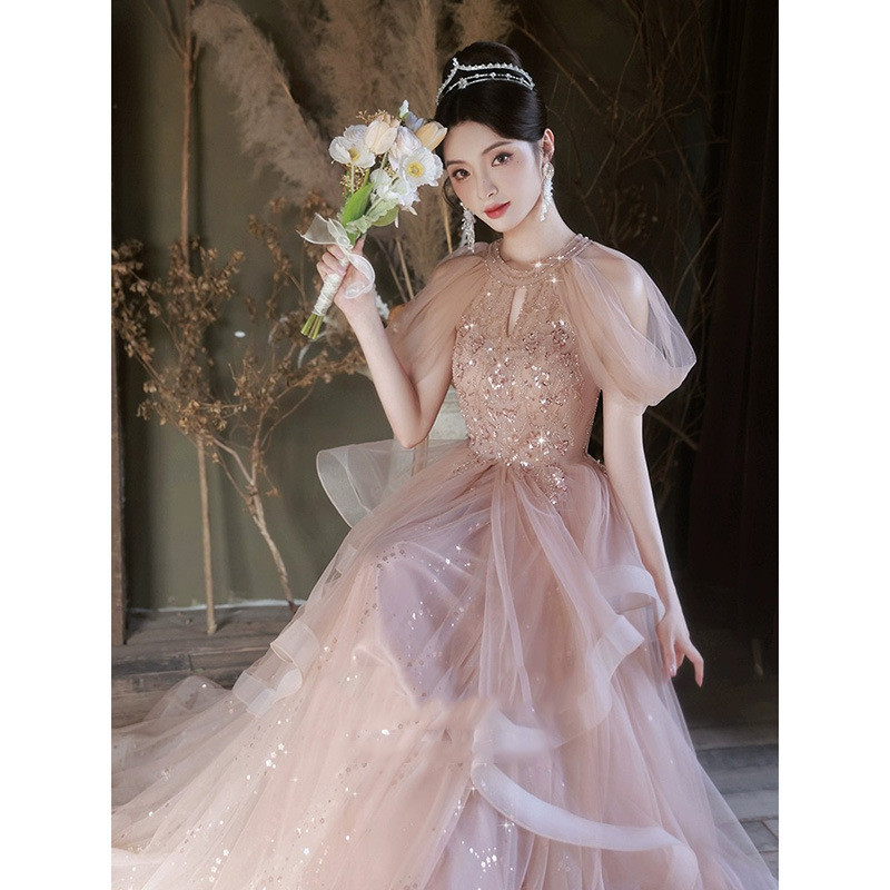 ピンク ロング キラキラ カラードレス エレガント 韓国風 ウェディング パーティー 演奏会 二次会 HL012