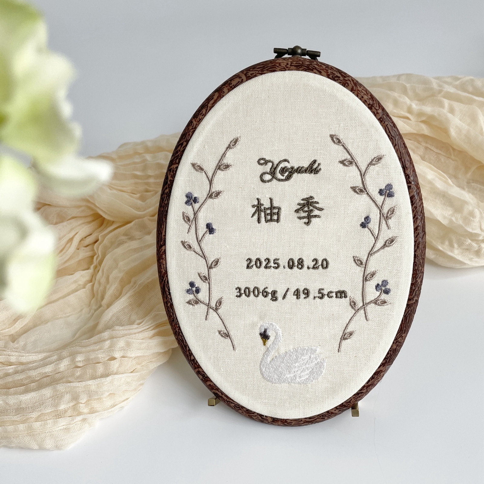 刺繍命名書〘 スワン 〙 お七夜 節句 記念 ベビー