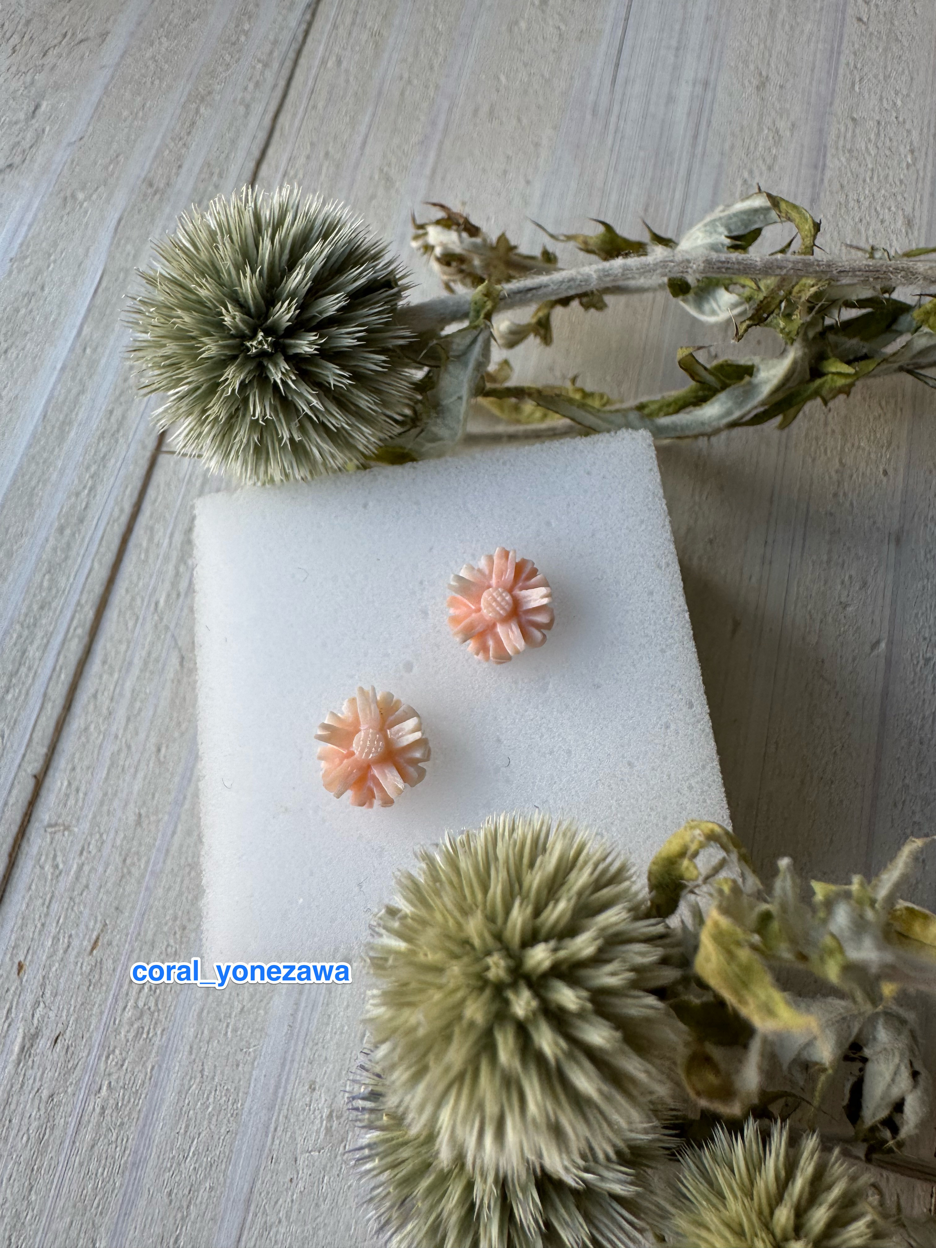 【K14ホワイトゴールド】高知産　モモイロサンゴ　繊細な花びら彫刻ピアス