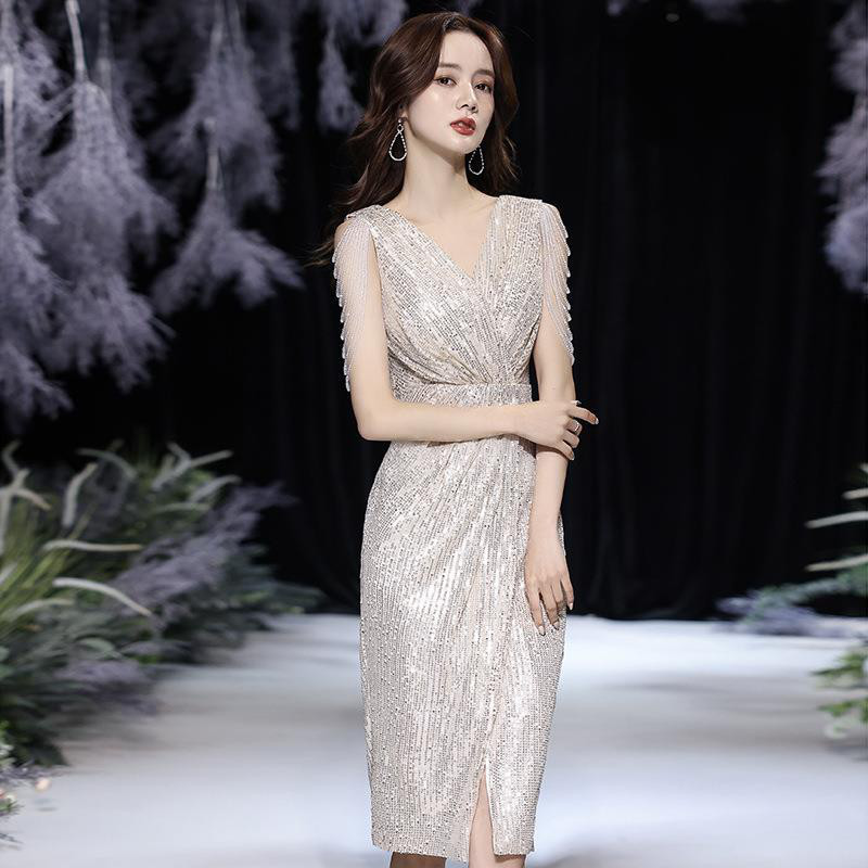 シャンパン色 Vネック キラキラ カラードレス スリム 韓国風 ウェディング パーティー 演奏会 二次会 HL013