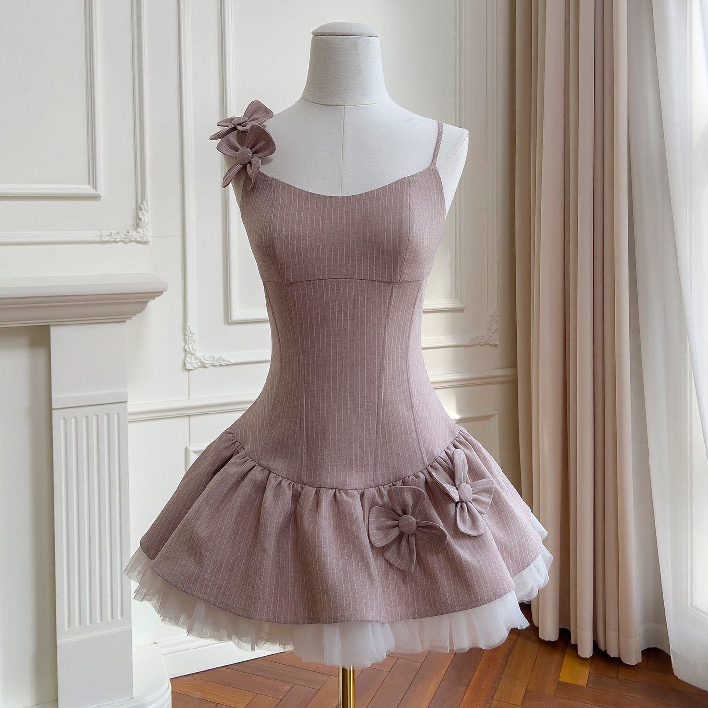 ショート丈 ピンク ウェディングドレス パーティー Aライン 立体花 可愛い ストライプ 韓国風 二次会 69476