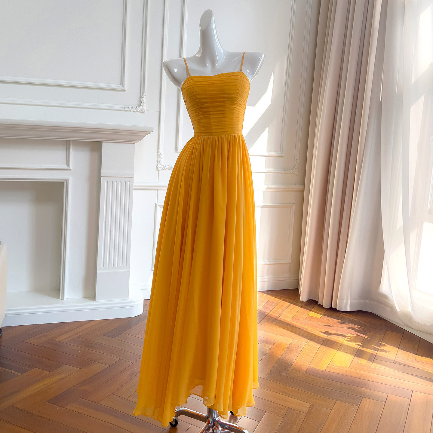 ノースリーブ 黄色 鮮やか ウェディングドレス パーティー ロング シンプル 上品 韓国風 二次会 69474