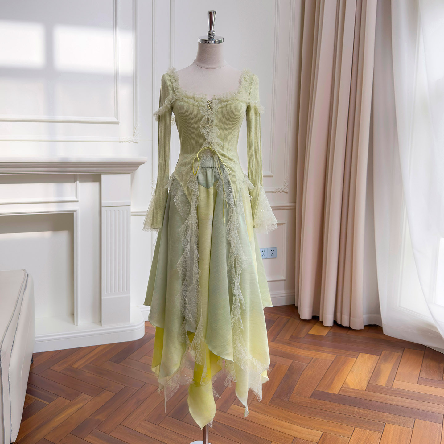 秋冬 緑 長袖 上下セット ウェディングドレス パーティー レース おしゃれ 上品 韓国風 二次会 71495