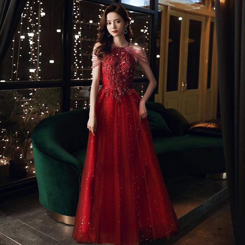 赤 ロング スパンコール カラードレス 韓国風 ウェディング パーティー 演奏会 二次会 HL019