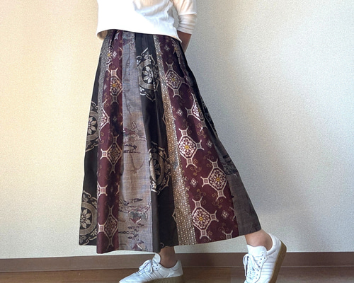 アンティーク大島紬のパッチワークスカート 細見えタックスカート 茶