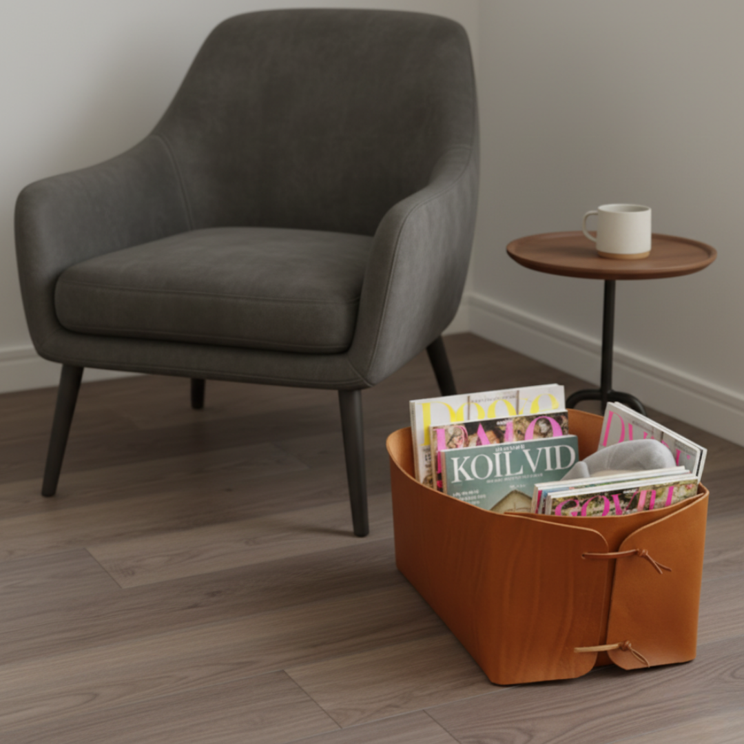 一枚革で作る本革レザーマガジンバスケット キャメル｜A4雑誌収納可・革紐アクセント・インテリア収納