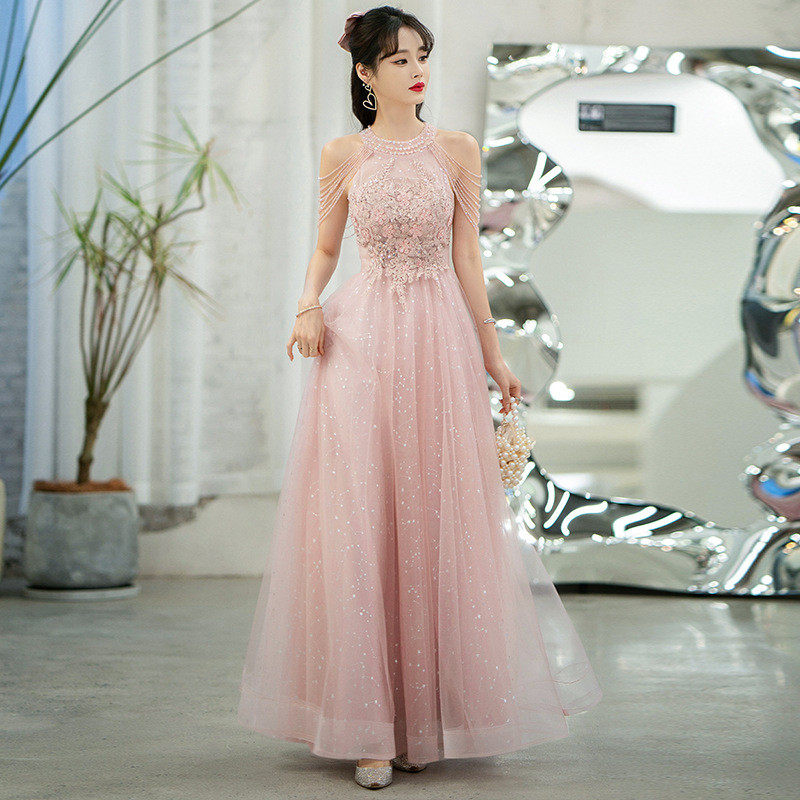 ピンク カーキ 青 ロング きらきら カラードレス 綺麗 韓国風 ウェディング パーティー 演奏会 二次会 HL021