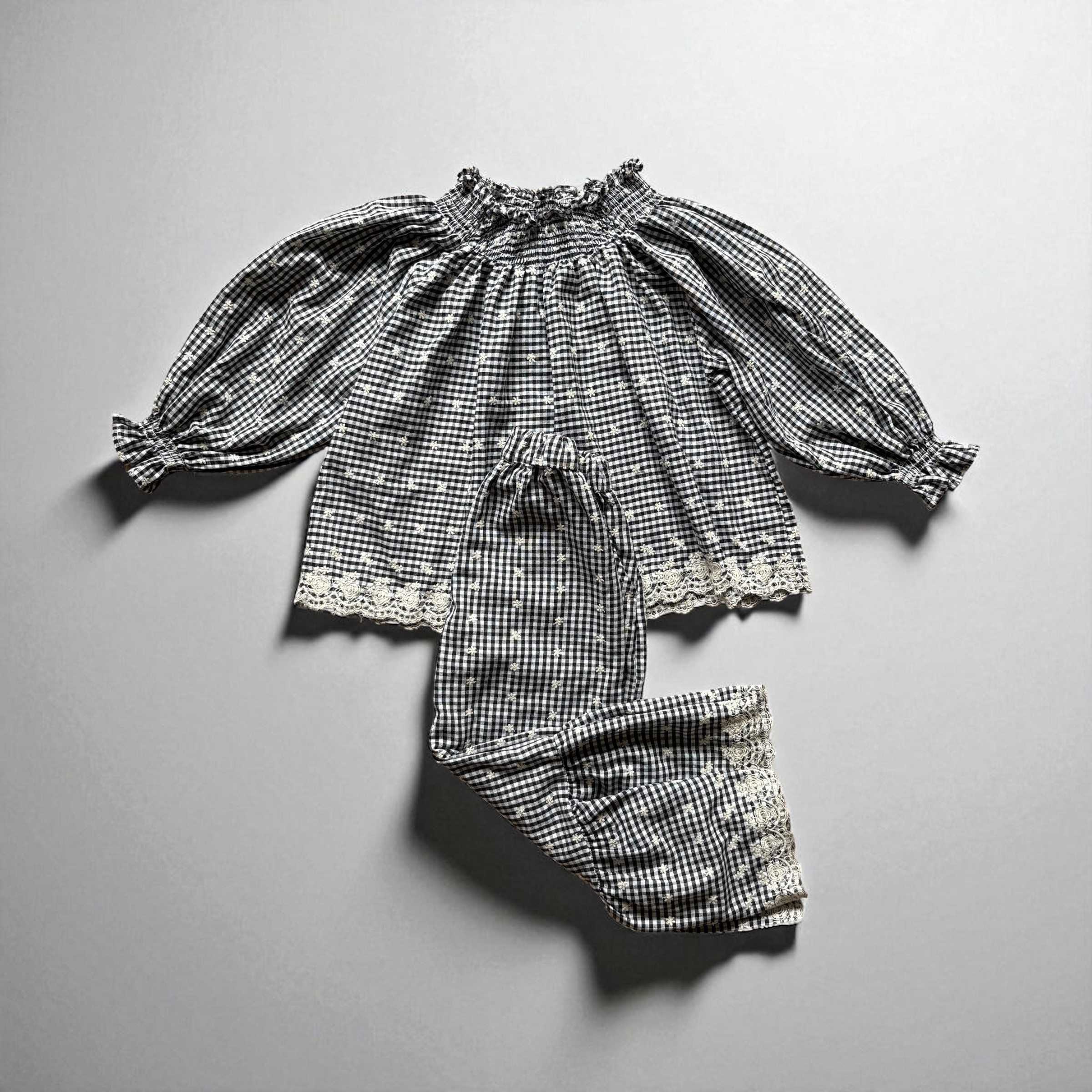Checkered Lace Blossom set セットアップ　女の子　刺繍　花柄　ギンガムチェック