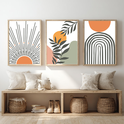 グリーンとテラコッタ オレンジの太陽 ボタニカルモダンアートポスター