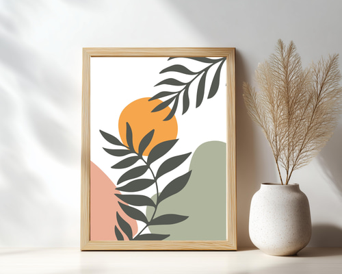 グリーンとテラコッタ オレンジの太陽 ボタニカルモダンアートポスター