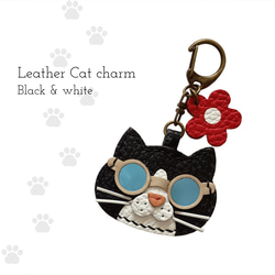 イタリアンレザー☆サングラス猫のバッグチャーム キーホルダー