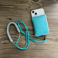 本革ファスナーポーチ付スマホケース&パラコードストラップ●長さ調整可●ターコイズグリーン iPhone,Xperia 1枚目の画像