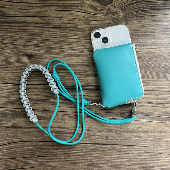 本革ファスナーポーチ付スマホケース&パラコードストラップ●長さ調整可●ターコイズグリーン iPhone,Xperia 1枚目の画像