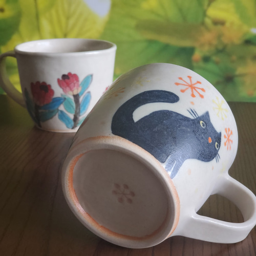 マグカップ コーヒーカップ アイボリー 黒猫 陶器 マグカップ 山猫軒