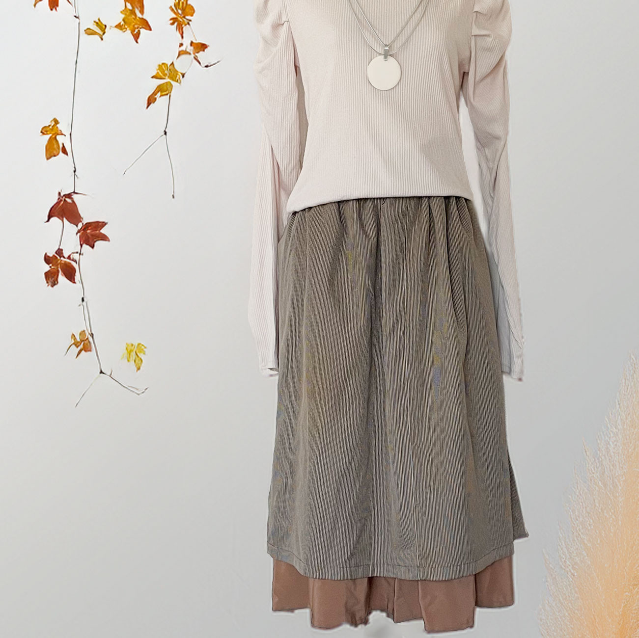 裾フリル 膝下スカート フリーサイズ【着物リメイク】ブラウン * 緑 * ストライプ / 一点物 * セットアップ