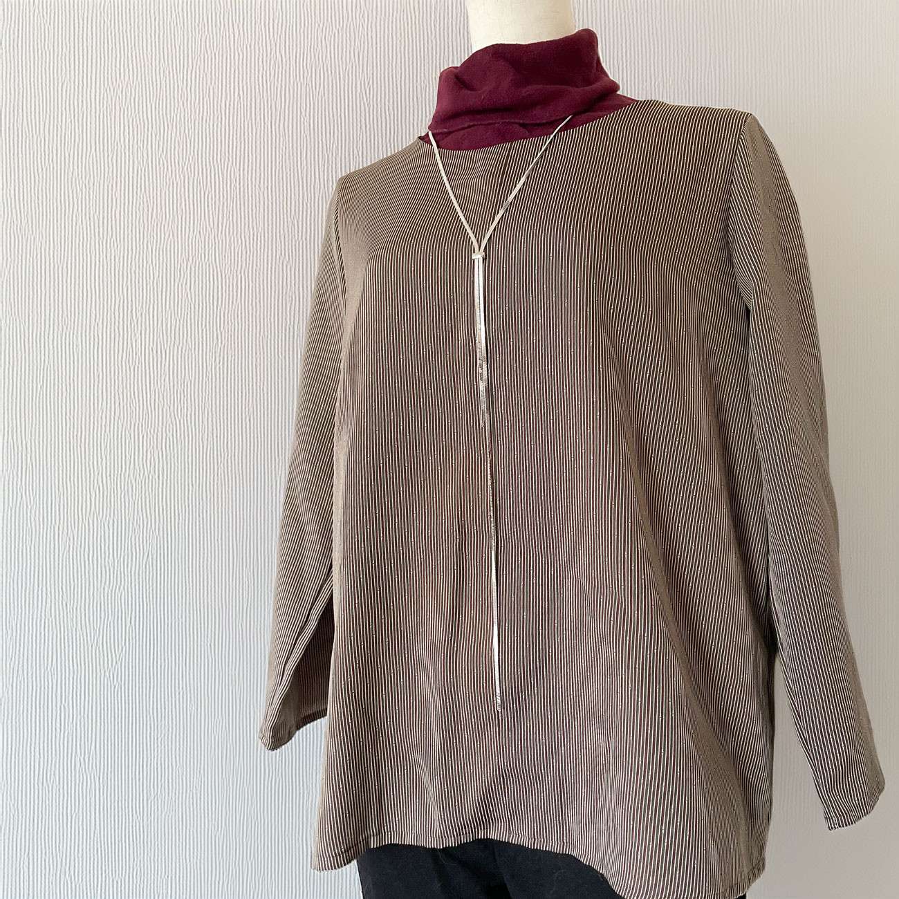 長袖 シルクチュニック【着物リメイク】ブラウン * 緑 * ストライプ / プルオーバー / 一点物 * セットアップ