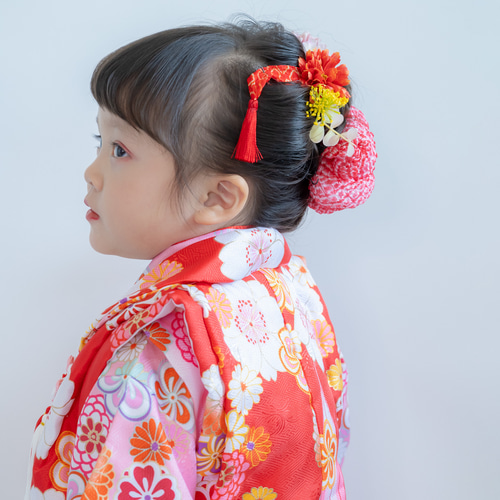 髪飾り　リボン　鹿の子　絞り　ちんころ大小3本セット　日本髪　七五三　成人式　祝 毛量が少ない七五三3歳髪飾り/日本髪ヘアアレンジU】鹿の子ちんころ赤