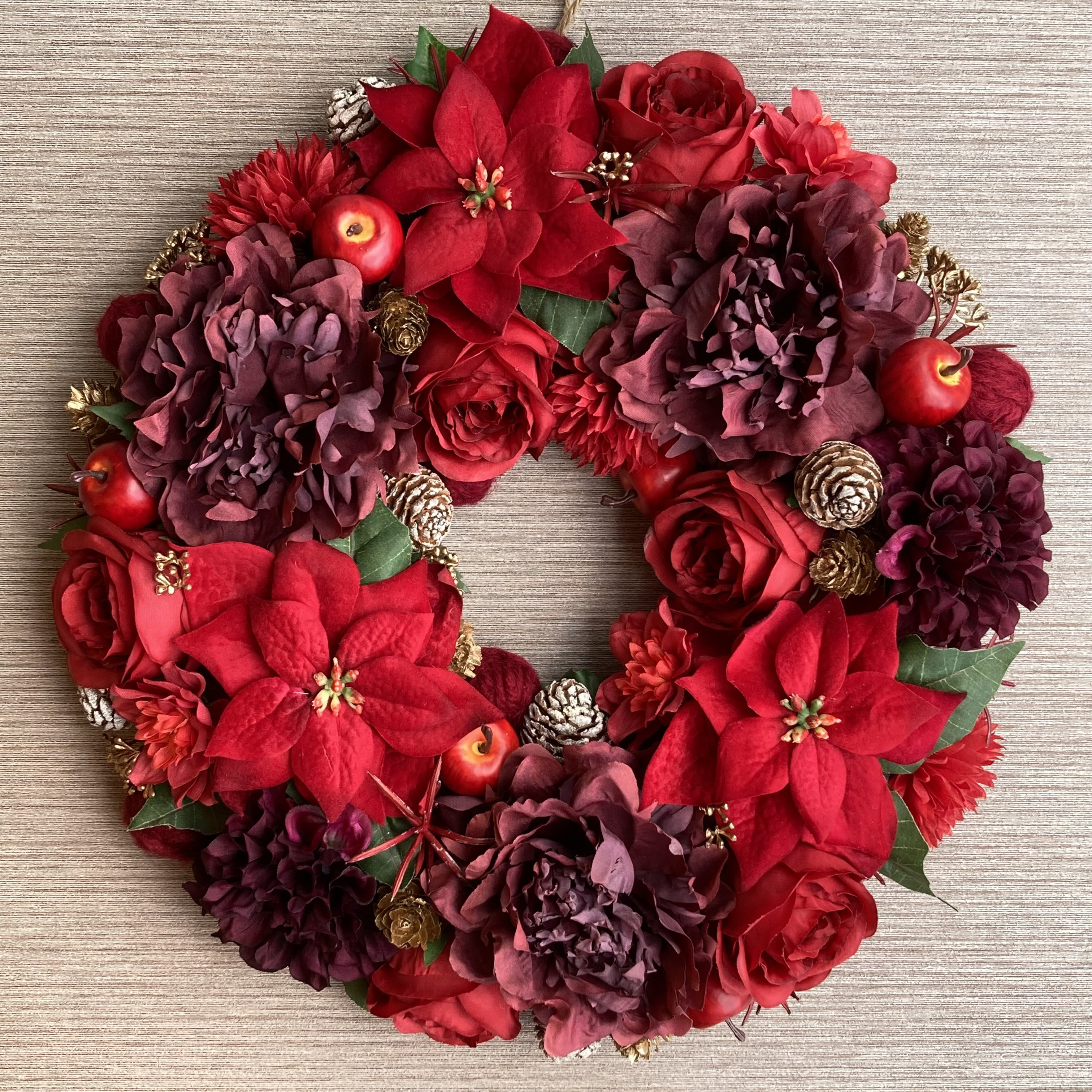 一点物【大人のクリスマス】バーガンディとゴールドのクリスマスリース ３６cm／ポインセチア