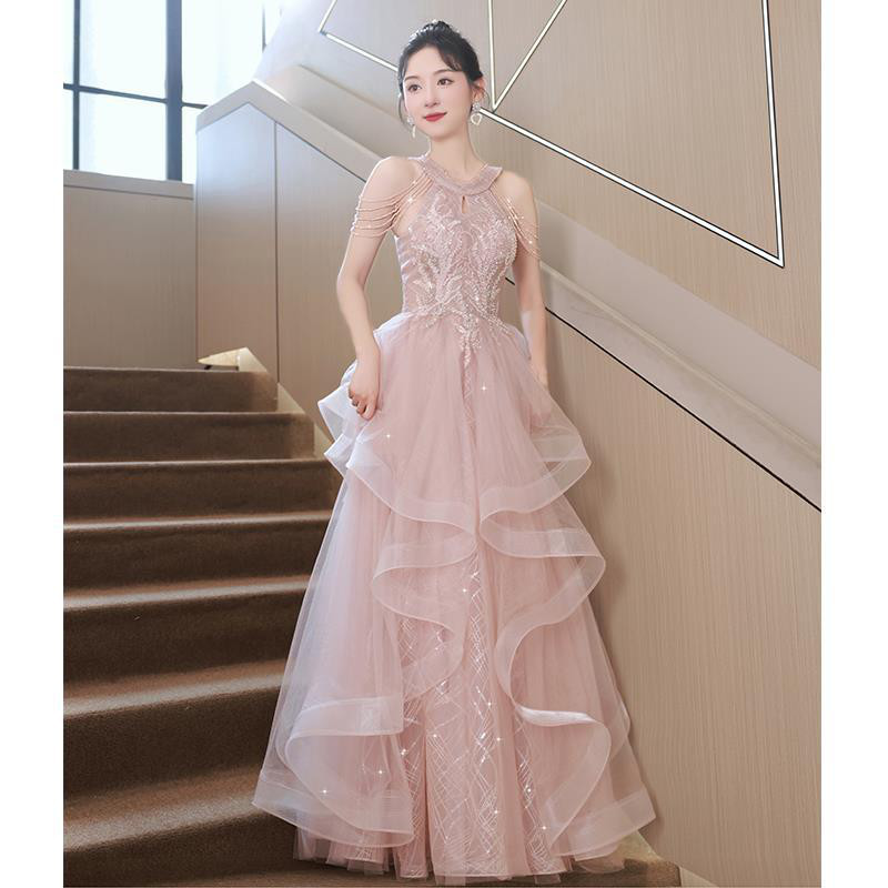 ピンク ノースリーブ スパンコール ロング カラードレス 高級感 ウェディング パーティー 演奏会 二次会 HL030