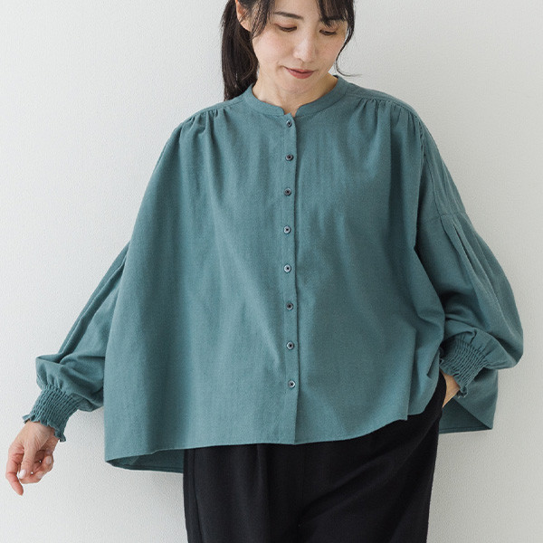 【30％OFF】ヘリンボーン起毛 袖口シャーリング ワイドギャザー ブラウス