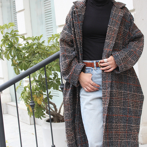 ほっこり冬素材◉ ウールオーバーコート タータンチェック ブラック