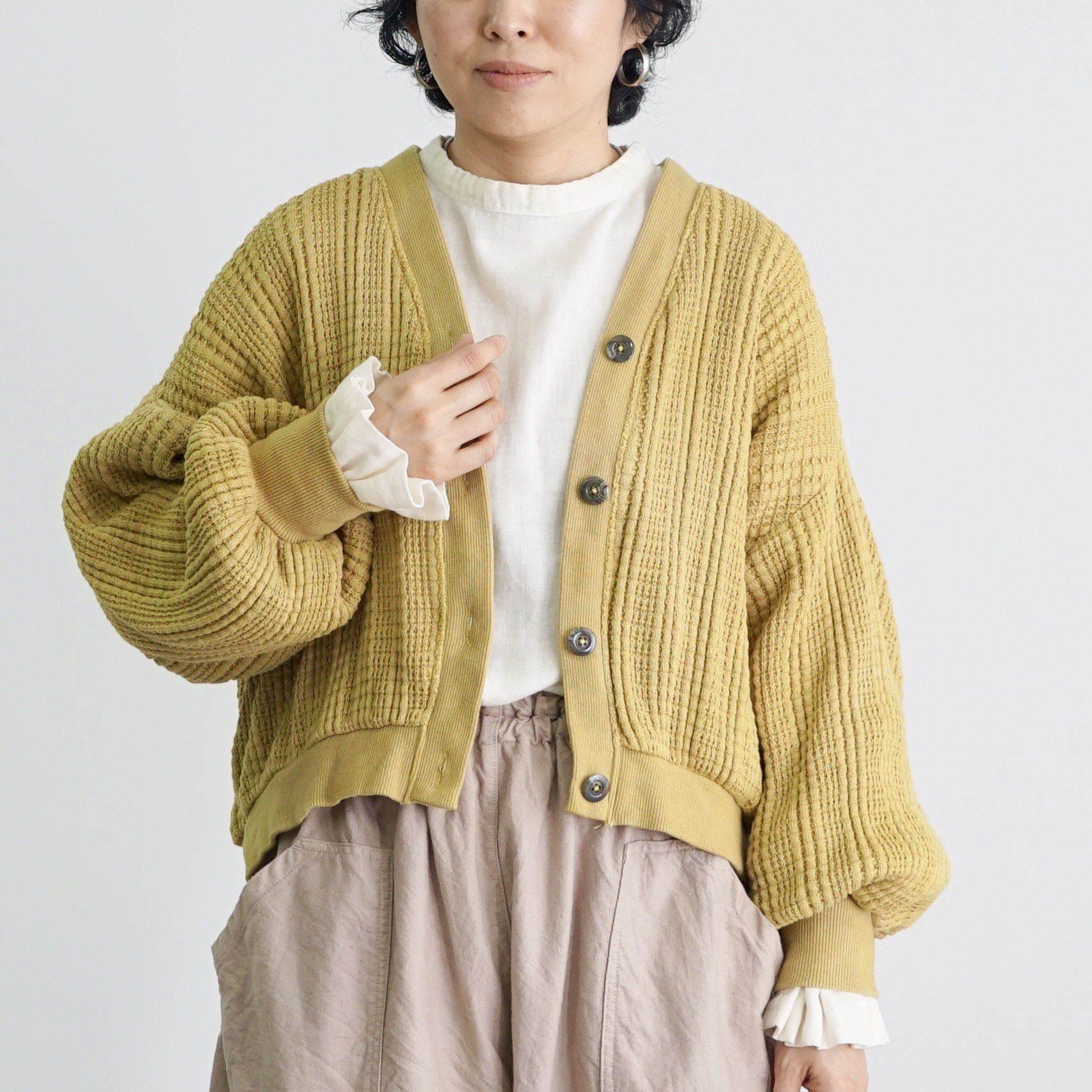 ショートニットワッフルカーディガン/イエロー