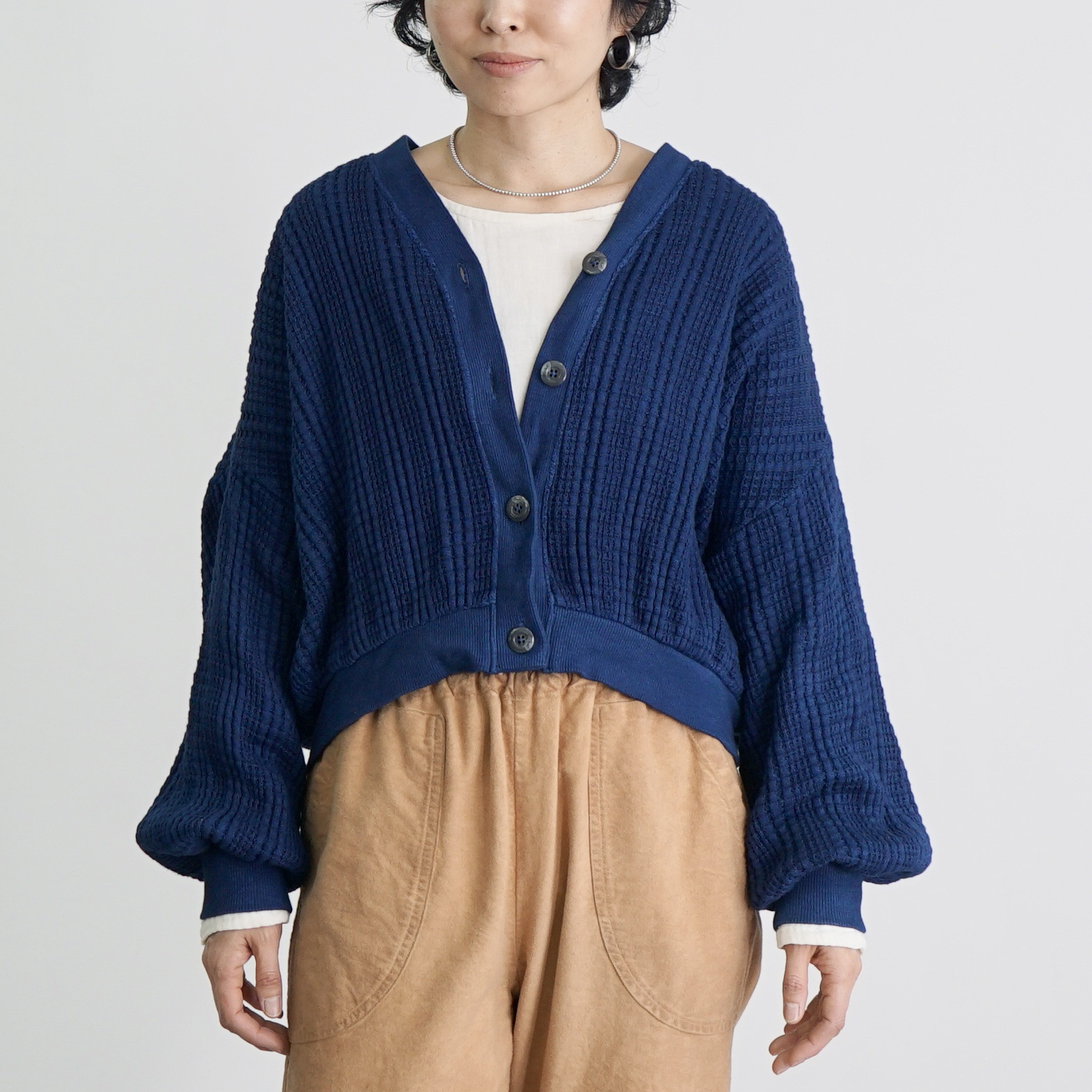 ショートニットワッフルカーディガン/ネイビー