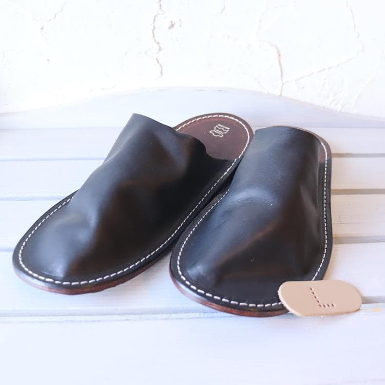 レザースリッパ Lサイズ イタリアンヌメ ブラック ハンドメイド 10273