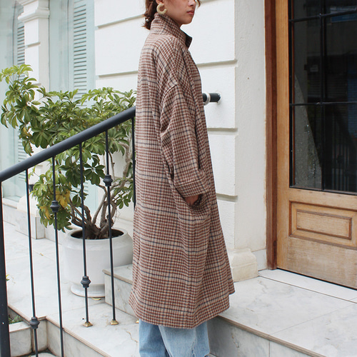 ほっこり冬素材◉ ウールオーバーコート タータンチェック ブラウン