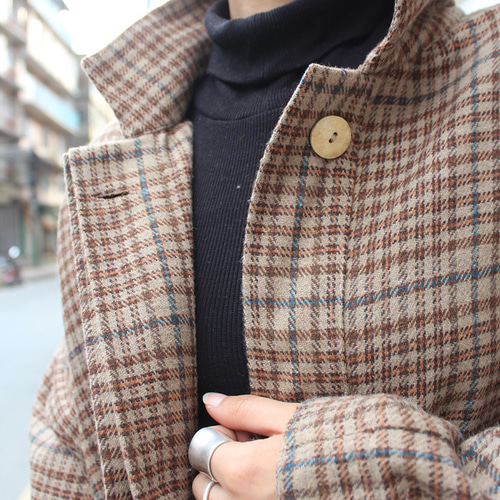 ほっこり冬素材◉ ウールオーバーコート タータンチェック ブラウン