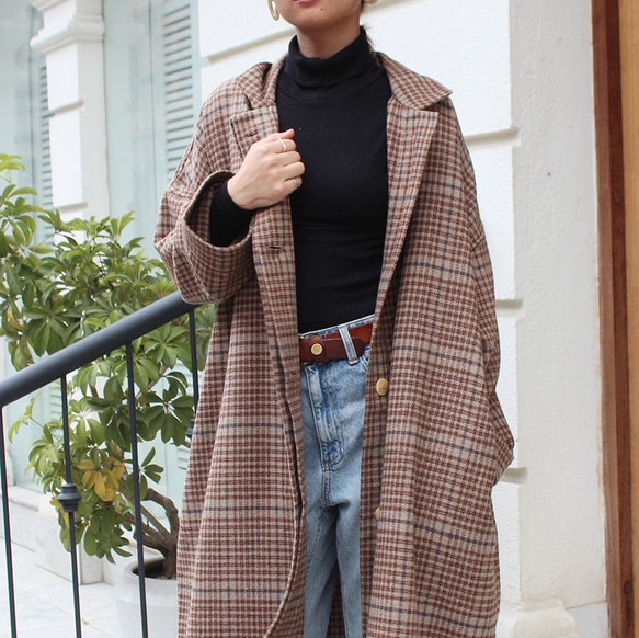ほっこり冬素材◉ ウールオーバーコート タータンチェック ブラウン